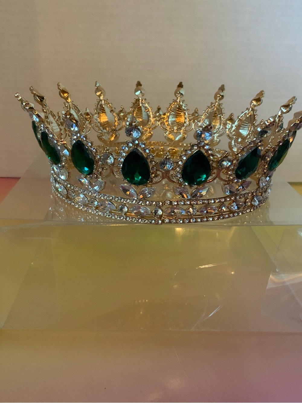Trendy boutique Gold Crown with Emerald Green Teardrop Gems